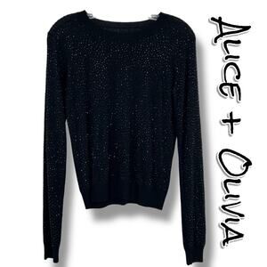 Alice + Olivia Bettie Black Rhinestone Embellished Sweater Crewneck Knit Top S